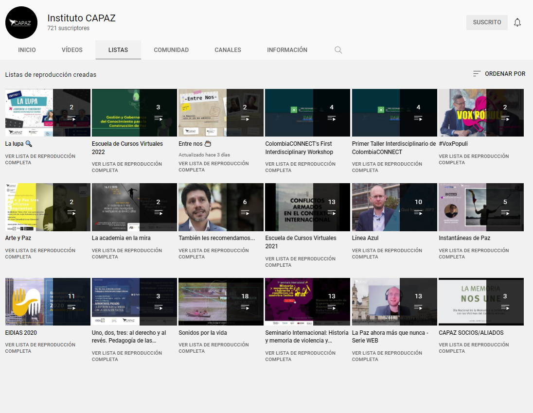 Listas de reproducción canal YouTube Instituto CAPAZ