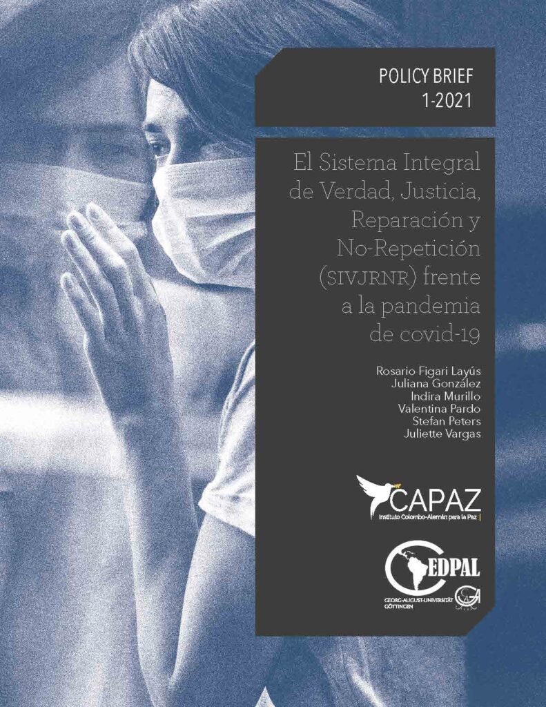 Portada cover del Policy Brief Línea Azul 1-2021 de CAPAZ sobre Covid-19 y el Sistema Integral SIVJRNR