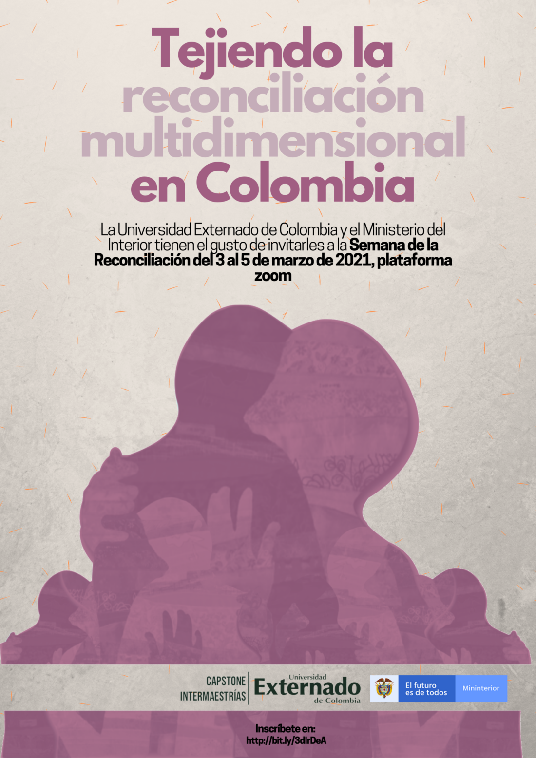 Flyer pieza promocional de la semana de la reconciliación en la universidad externado de Colombia organizada con el Ministerio del interior.
