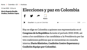 Columna de opinión CAPAZ en Colombia+20 sobre las elecciones del 13 de marzo